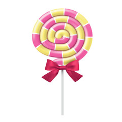 Illustration of a pink and yellow lollipop with a red ribbon on a white background showing a sweet treat in a simple design