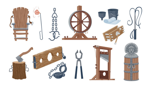 A set of medieval torture instruments on a white background. These instruments demonstrate the methods used in the medieval period for punishment and interrogation.