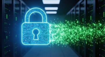 High-Tech Cybersecurity Concept Illustrating Digital Data Protection with a Glowing Padlock Symbol and Binary Stream within a Modern Server Room Infrastructure
