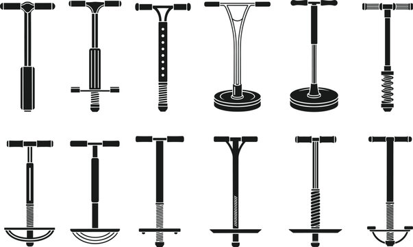 Collection of vintage and modern pogo stick silhouettes featuring various jumping sticks for outdoor sports and childhood play isolated on white background vector