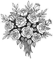 Valentine Bouquet of roses and leaves sketched in black and white on transparent background