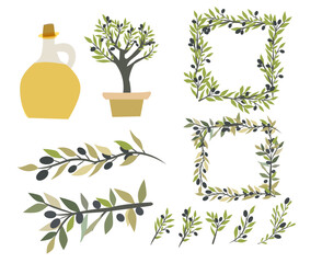 Olive illustration set with olive oil bottle, olive tree in pot, branches, wreaths, and decorative elements. Flat vector collection suitable for branding, packaging, menus, labels, Mediterranean food 