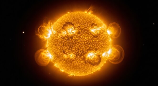 Active Sun with Solar Flares and Prominences Erupting on its Surface, Captured from Space