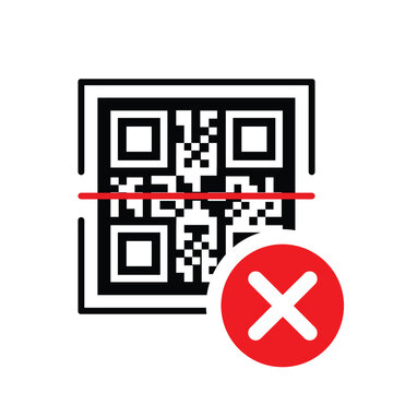 QR code with a red 'X' cross mark icon. Vector graphic representing a failed scan, invalid link, denied digital payment, or error during mobile transaction on a clean white background.