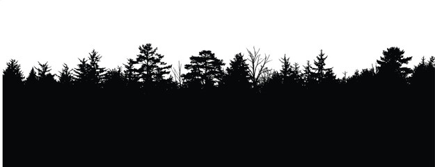 Minimalist black forest silhouette treeline against white sky nature landscape with pine trees wilderness aesthetic background for design and wallpaper © Fahim Creative