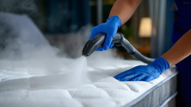 Angled close-up of modern white mattress being deep cleaned, steam rising from treated area, protective gloves visible, commercial mattress cleaning banner style
