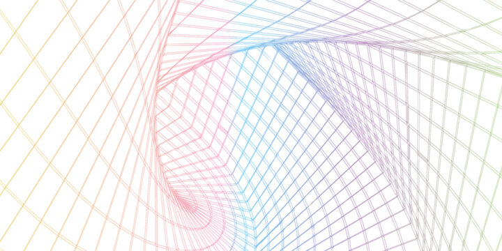 multicolored wireframe pattern forms a spiraling grid tunnel, offering a dynamic abstract background. Ideal for technology, design, and innovation themes,
