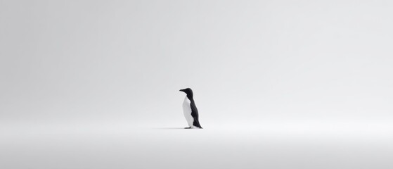 Minimalist Black and White Penguin Standing Alone in Great Space