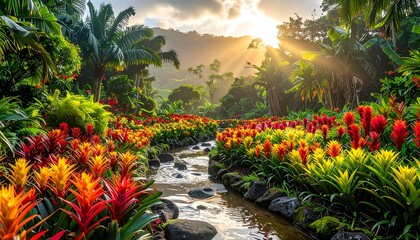 Lush tropical garden with vibrant bromeliads and a flowing stream at sunrise.