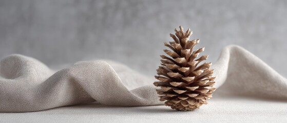 Minimalist Pine Cone on Textured Linen Fabric Background