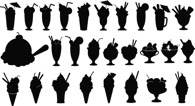 Collection of various ice cream and milkshake silhouettes featuring sundae bowls waffle cones and summer dessert drinks isolated on white background for cafe menu design