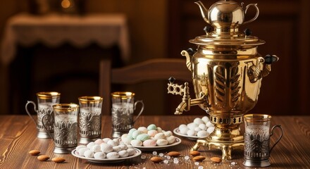 Traditional Russian tea setting with antique samovar and ornate tea cups on a wooden table in a cozy dining room