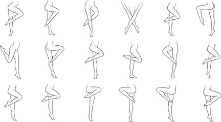 Female leg poses line art illustration, minimalist body anatomy outlines, elegant fashion sketch collection, clean contour vector set for design reference © Ideasy Mind