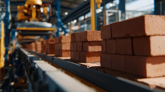 Angled wide close-up of automated brick production line, rows of red bricks on conveyor, robotic packaging and stacking, ceramic factory machinery in soft focus