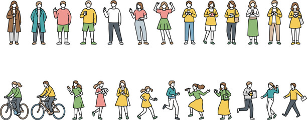 Flat people character illustrations set, modern men and women daily activities, walking running cycling dancing poses, lifestyle cartoon figures, colorful vector design