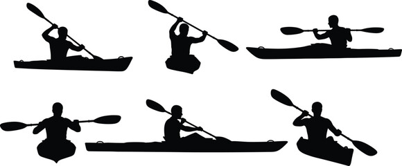 Set of black silhouettes showing people paddling in kayaks and canoes from different angles isolated on white background for outdoor adventure sports design (24 words) © MstKhodeza
