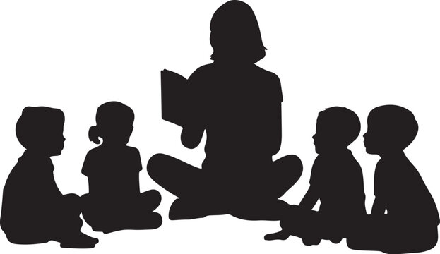Silhouette of reading book to four children sitting on floor