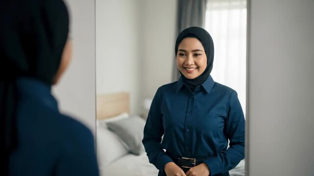 Malay Hijab Asian Working Woman Wearing Baju Kurung Preparing for Office in front of mirror