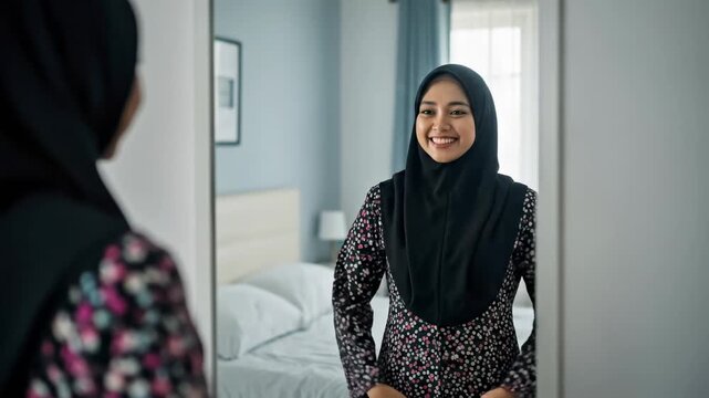 Malay Hijab Asian Working Woman Wearing Baju Kurung Preparing for Office in front of mirror