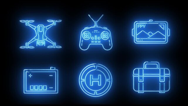 Neon blue icons of drone, controller, screen, battery, logo, and briefcase on black background with glowing effect.