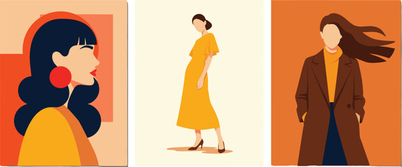 Modern female fashion illustration set, stylish women portraits and full body poses in warm tones, minimalist contemporary vector art for editorial design © Ideasy Mind