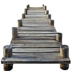 Rustic wooden pier path stretching towards the horizon made of weathered planks and timber posts for lake dock or beach scenery isolated on transparent background
