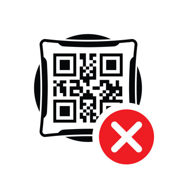 QR code with a red 'X' cross mark icon. Vector graphic representing a failed scan, invalid link, denied digital payment, or error during mobile transaction on a clean white background.