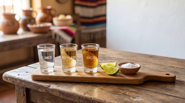 Tequila tasting flight with lime and salt on rustic wooden table