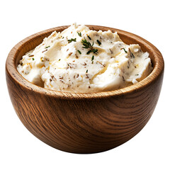 Natural wooden bowl filled with fresh cream cheese topped with green herbs for healthy breakfast and gourmet cooking ingredient dairy food isolated on transparent background