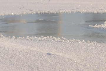 Frozen river covered with ice and snow, side view with selective focus. Snow sparkles in the sun. Frozen surface of a river or lake covered with snow, sparkling snow crystals. Winter landscape
