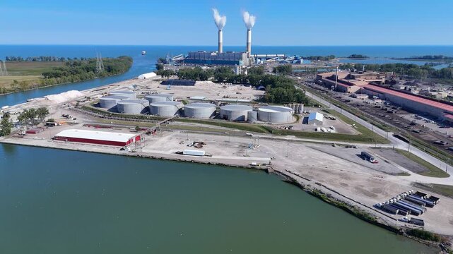 Monroe Power Plant and tank farm along River Raisin connecting to Lake Erie, Michigan