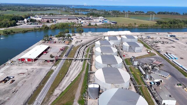 Port of Monroe, Michigan, industrial tank farm with River Raisin and Lake Erie