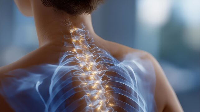An x-ray of a spine highlighting vertebrae alignment and potential issues, displaying the vital contribution of x-ray imaging in chiropractic evaluations and spinal health assessments. cinematic