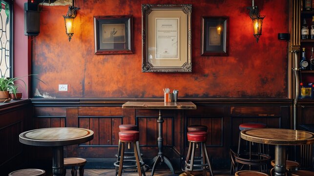 A blank picture frame hanging on the old textured wooden wall in a cosy old english or irish pub
