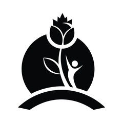 Fototapeta premium Black silhouette of a stylized human figure reaching towards a crowned flower within a circle white
