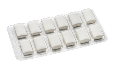 Chewing gum for smoking in a blister pack on a white isolated background