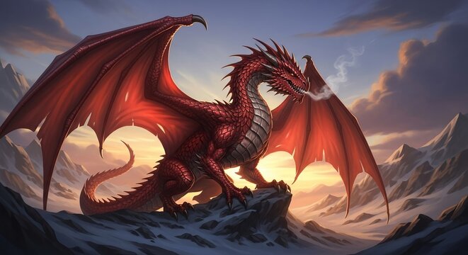 Red dragon standing on mountain peak with wings spread wide at sunset with clouds and mist surrounding the scene