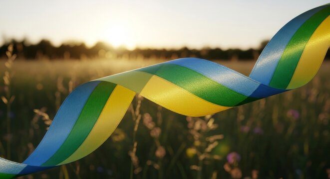 Ribbon flowing through a field of flowers at sunrise with a serene landscape view