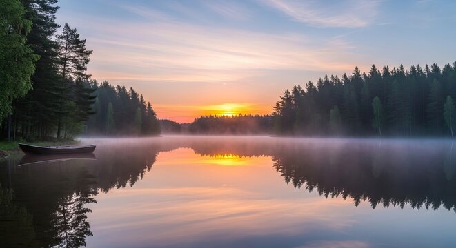 Serene lake at sunrise with a small boat moored near a dense forest, showcasing a peaceful morning atmosphere and tranquil surroundings.