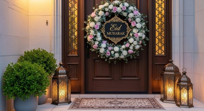 A warmly lit front door adorned with a floral wreath and lanterns stands invitingly on a welcoming porch surrounded by lush greenery