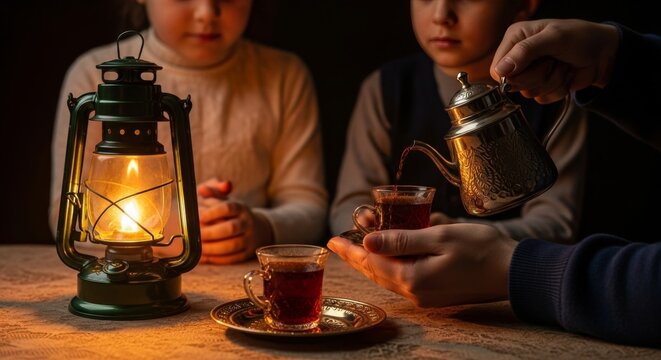 Family gathers around lantern-lit table as person pours tea from kettle into cup