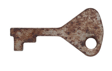 old rusty key close-up on a white isolated background