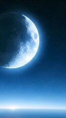 A breathtaking vertical image of a massive crescent half illuminated moon dominating the starry night sky. Perfect for mobile wallpapers.