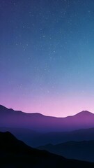 A vertical illustration of a peaceful mountain landscape at night. The image features layered silhouettes of mountain peaks against a starry vibrant gradient sky fading from deep blue to pink. Perfect