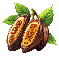 ripe cocoa pods isolated on transparent background.