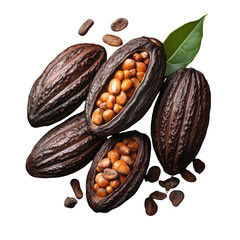 ripe cocoa pods isolated on transparent background.