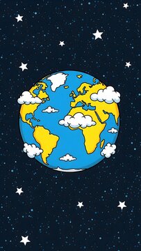 A vertical illustration of planet Earth in a playful cartoon style. The globe features yellow continents, blue oceans, and fluffy white clouds against a dark blue starry space background. Perfect for 