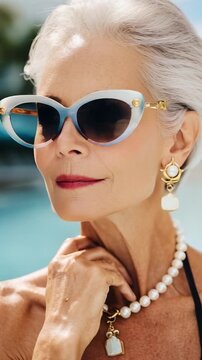 Elegant Senior Woman in Stylish Cat-Eye Sunglasses and Pearl Jewelry Exuding Confidence and Grace at a Bright Outdoor Setting by the Pool