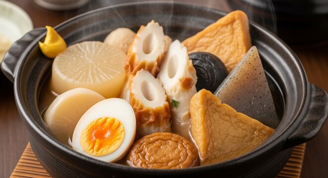大根や卵など人気具材がたっぷり入った、湯気が立ち昇る熱々のおでん盛り合わせ