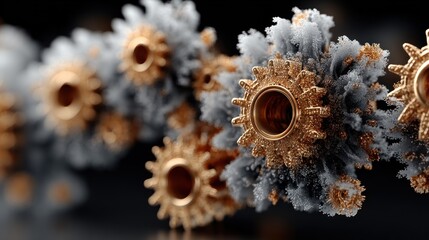 Close-up of gold gears enveloped in misty, smoky, and textured grey matter